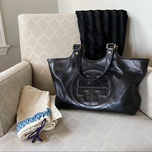 Tory Burch black leather large T logo bag